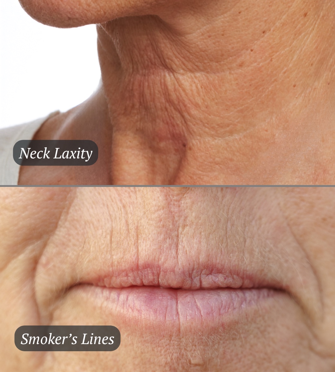 August featured treatments — Neck Laxity and Smoker's Lines before treatment, Dr. Saad at Healing Aesthetics, Hinsdale IL