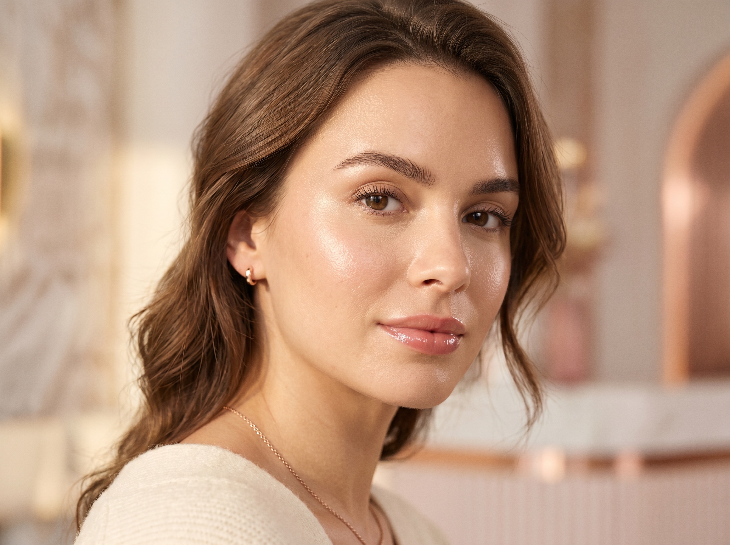 Woman with enhanced natural beauty and radiant skin at Healing Aesthetics