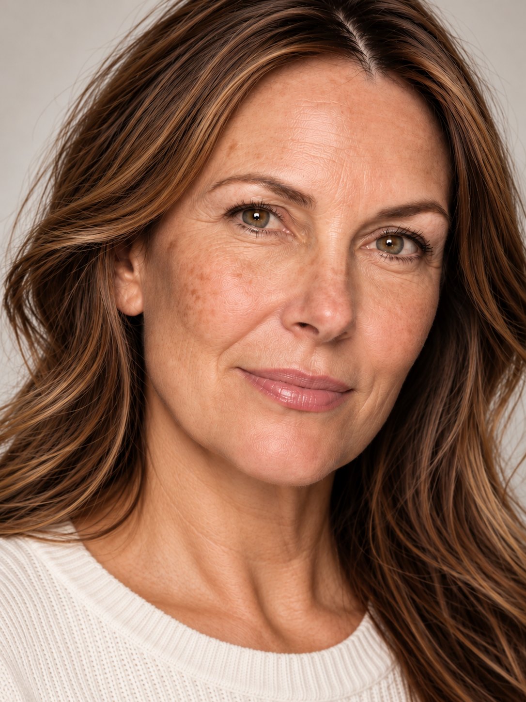 Woman in her 50s with warm brown hair and sun-kissed skin, soft smile