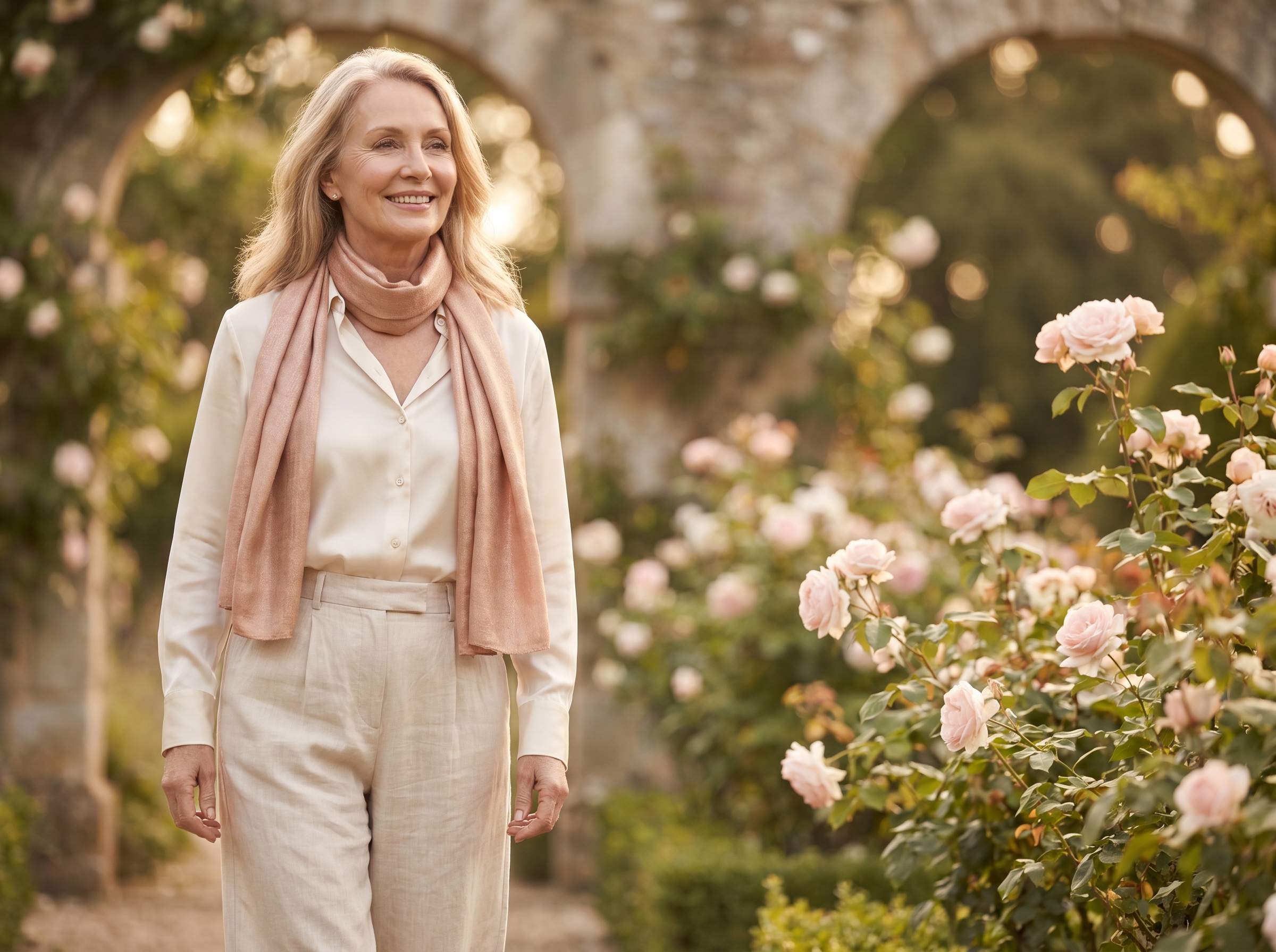 Elegant mature woman in garden — longevity and prevention