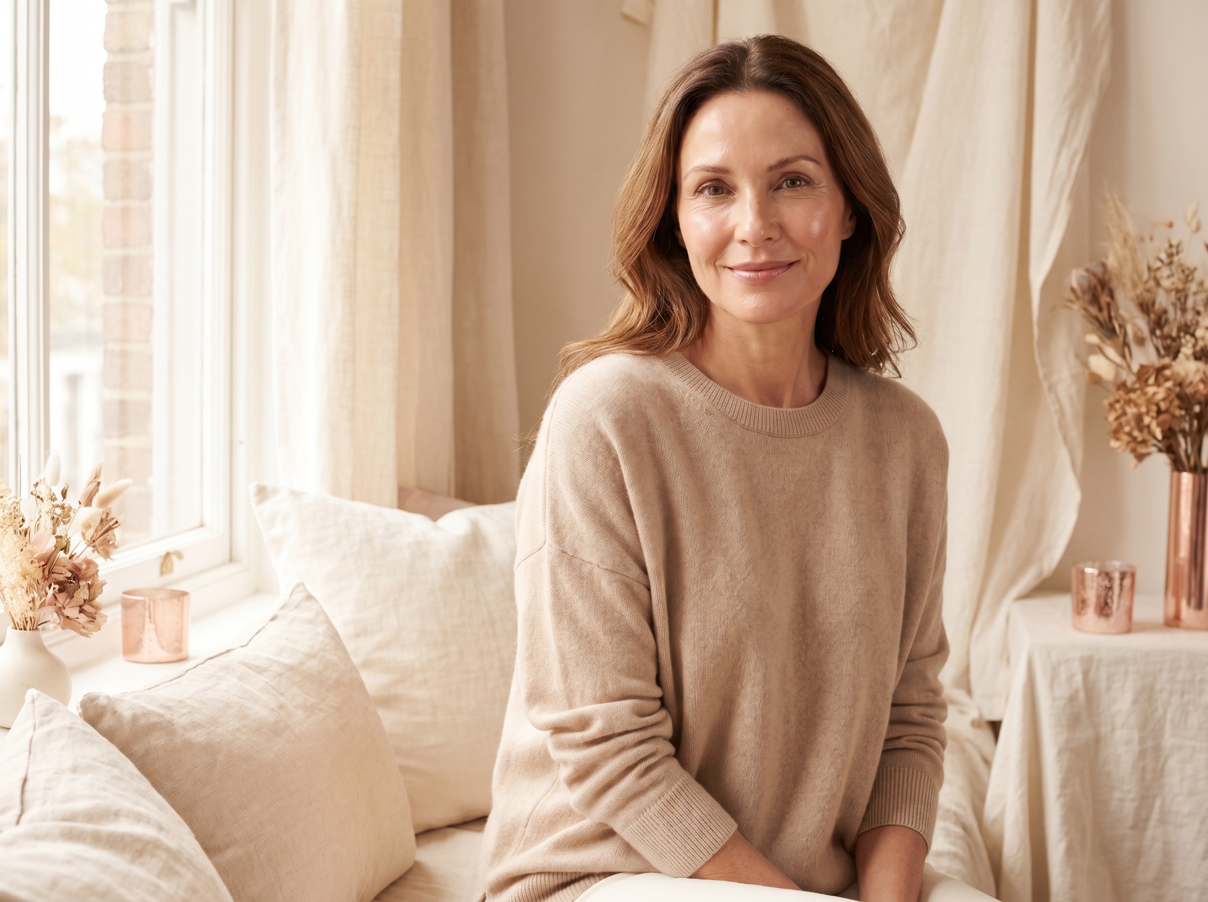 Calm woman in soft beige interior — perimenopause and menopause care